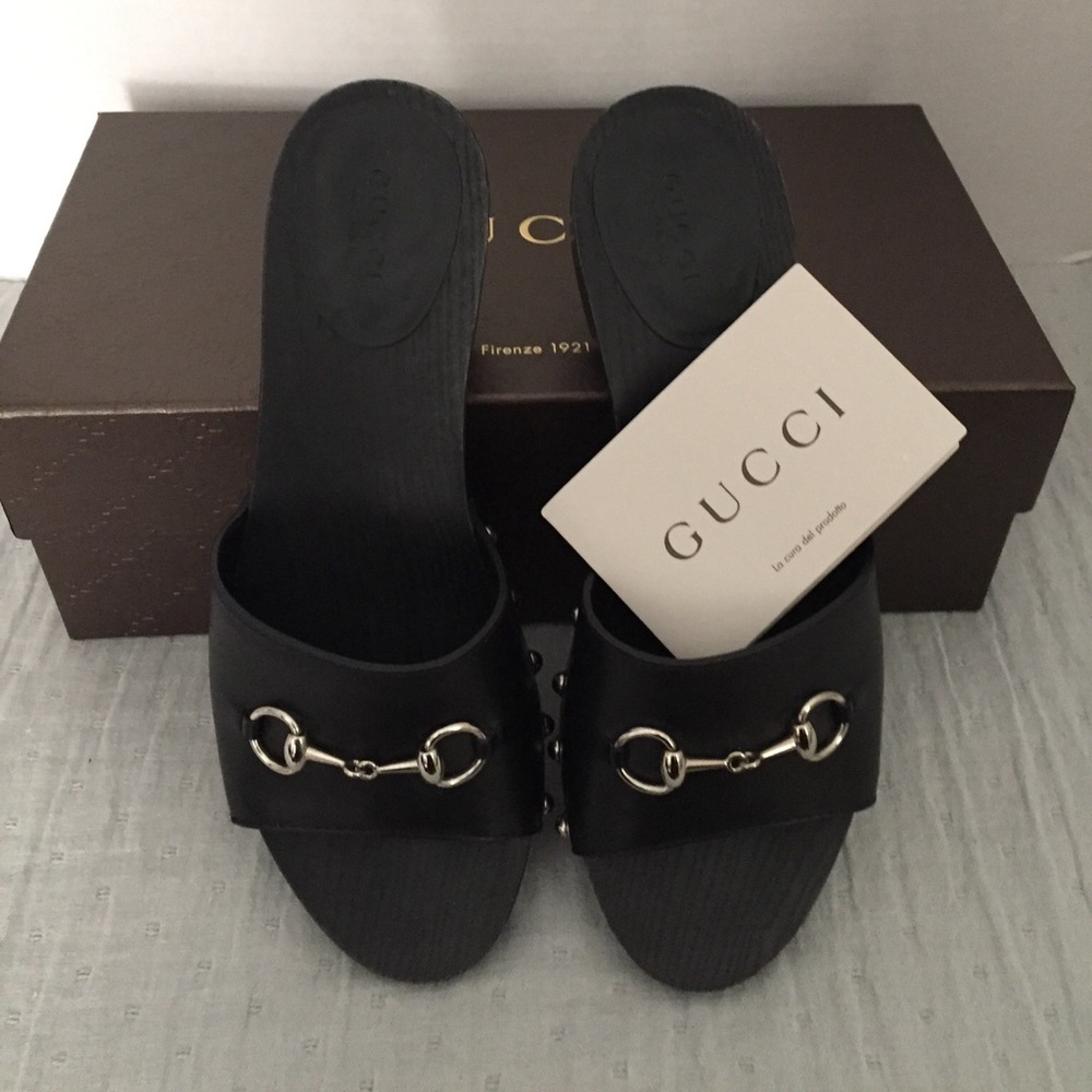 EUC Gucci Betis Glamour Black Wood Slides Size 37